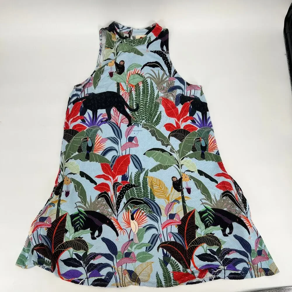 FARM Rio Tropical Halter Mini Dress XL Jungle Print Pockets Monkey Toucan Anthro - Picture 9 of 12